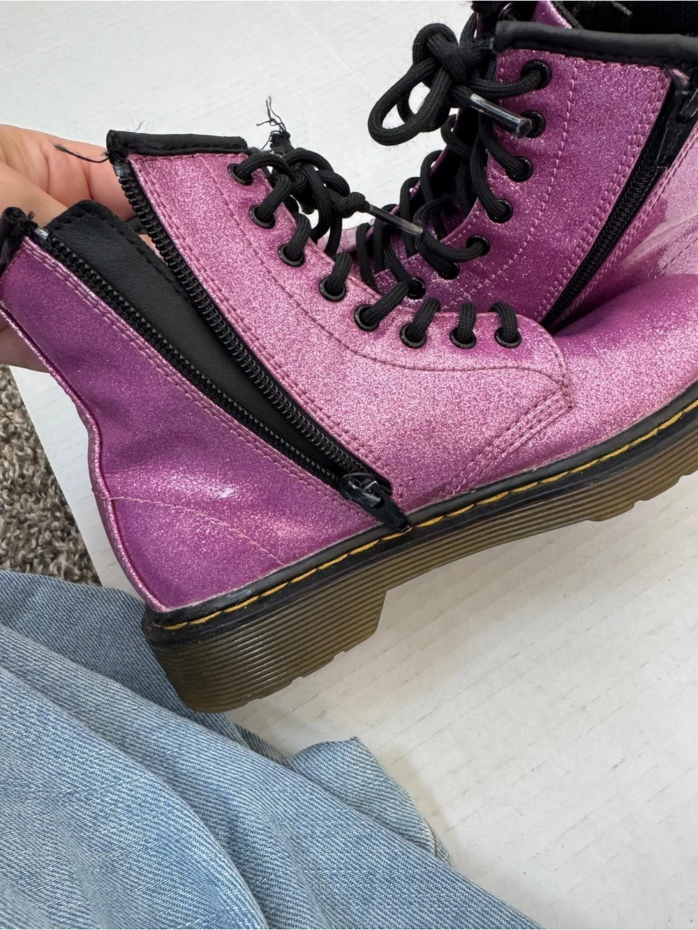 Dr Martens Pink Glitter Combat Boots Girls 1 Big Kid Lace Up